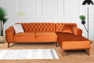 Luxury Verona Corner Sofa in Hot Cinnamon Velvet with Chesterfield Arms - All Cushions Included - UK Luxury Furniture